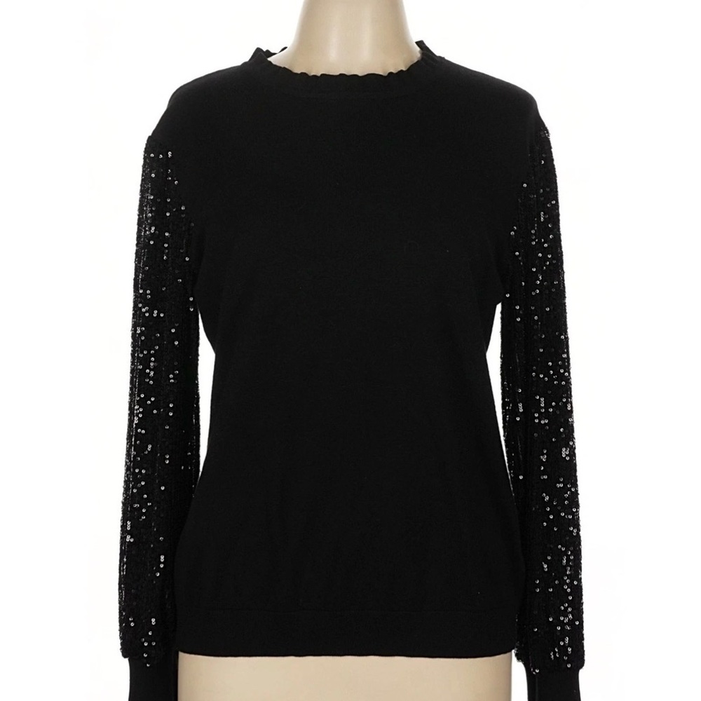 Adrianna Papell Black Sequin Sleeve Crewneck Sweater size Large